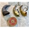 Image 1 : Box of Antique Powder Horns, Buffalo Horn, and Woven Basket