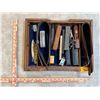 Image 2 : Collection of Antique Barber Supplies: Gillette display case, leather razor strops, razors, blades, 