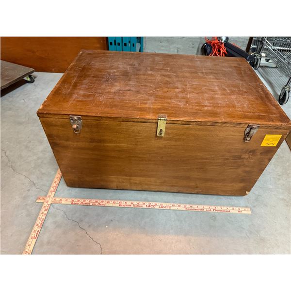 Large, solid wood lockable box. Measures approximately: 32” long x 21”” w