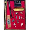 Image 2 : Glass Top Showcase: Antique British Billy Club, Antique Pocket Watch, Inscribed Brass Tray from 1874