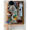 Image 2 : Box: Metal Ash Trays, Heart-Shaped Jewelry Box, Elsie the Cow Glass, Vintage Stir Sticks, Esso Salt 