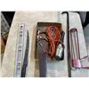 Image 2 : Box of Tools: Saw, Crowbar, trouble Light, Level, Large Caulking Gun, Scissors