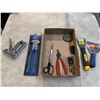 Image 2 : Box of Tools: Fence Pliers, Staple Gun, paint Scrapers, Scissors, Tacks, etc.