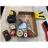 Image 2 : Box of Tools: Cross Line Laser Level, Staple Gun, Stud Finder, Tape Measures