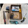 Image 2 : Box: Hammer, Sharpener, Drywall Saw, Stud Finder, Staple Gun, Tape Measure (new), etc.