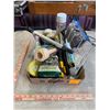 Image 1 : Box of misc. painting supplies: brushes, roller, tape, caulking, masks, etc.