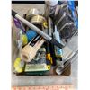 Image 2 : Box of misc. painting supplies: brushes, roller, tape, caulking, masks, etc.