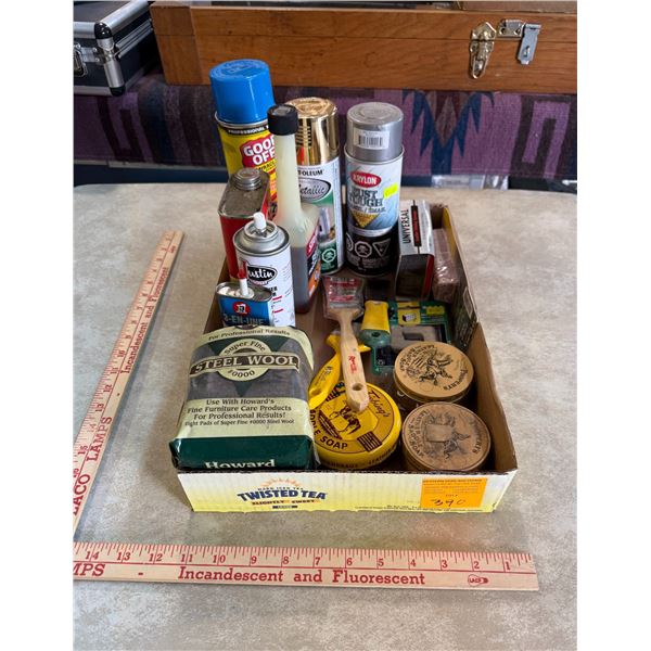 Box of misc. paint supplies & shop supplies: paint, scraper, oil, steel wool, saddle soap, etc.