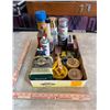 Image 1 : Box of misc. paint supplies & shop supplies: paint, scraper, oil, steel wool, saddle soap, etc.