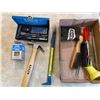 Image 2 : Box of Misc. Tools: Socket Set, Glue Sticks, Hammer, Pry Bar, Wire Brushes