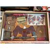 Image 2 : Wooden and Glass Showcase of Various Indigenous Pieces: Leather Tapestry, Leatherwork, Art