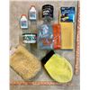 Image 2 : Box of Automotive Items: Washing Mitts, Stihl 2-Stoke Oil, Wax, Cloths