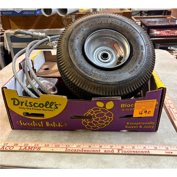 Box: Dolly Tires, Compasses, Grab Hooks, Cable, and Misc Chains, Latches, Adapters, etc.