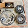 Image 2 : Box: Dolly Tires, Compasses, Grab Hooks, Cable, and Misc Chains, Latches, Adapters, etc.
