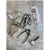 Image 1 : Box of Antiques: Calipers, Skirt Lifter, Westclox Dax Pocket Watch, Belt Buckle with Storage, Brass 