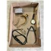 Image 2 : Box of Antiques: Calipers, Skirt Lifter, Westclox Dax Pocket Watch, Belt Buckle with Storage, Brass 