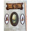 Image 1 : Set of Four Antique Frames Pictures: 3 Oval Pictures and with Hand Carved Frame and Wooden Pyrograph