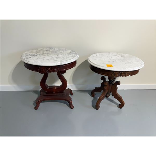 Two Antique Marble-Top End Tables - Hand Carved Base with Carrera Top - 22” L x 18[x=#8221/