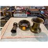 Image 1 : Box of Antique Brass items: Airhorn, Spittoon, and Creamer Lid