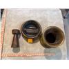 Image 2 : Box of Antique Brass items: Airhorn, Spittoon, and Creamer Lid