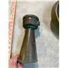 Image 3 : Box of Antique Brass items: Airhorn, Spittoon, and Creamer Lid