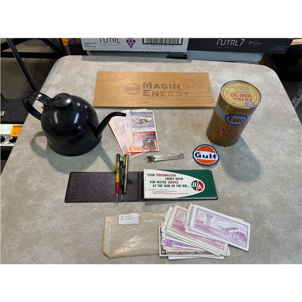 Box of Misc. Vintage Oil Items: Oil Can, Oil Pens, BA Oil Items, Gas Coupons