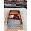 Image 1 : Box of Antique Car Parts: Oldsmobile Mirror, NOS Ford Tail Lights, Dorman Tin, Misc. Spark Plugs