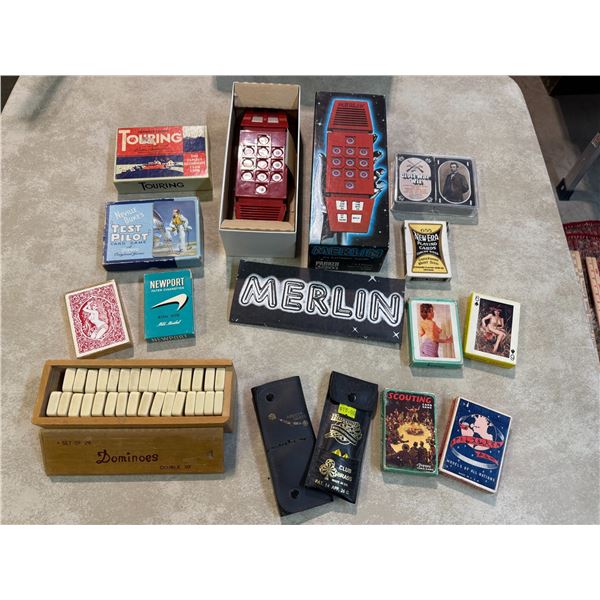 Box: Vintage Games and Playing Cards - Dominoes, Merlin, Test Pilot, Touring, Darts