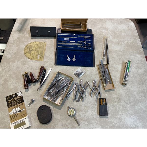 Box: Misc. Antique Instruments, Office Supplies, Tools, Pens, etc.