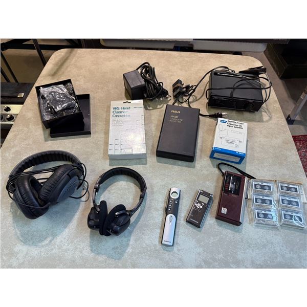 Box: Misc. Electronic Items - Sennheiser Headphones, Micro Cassette Recorders, Cassette Adapter, etc