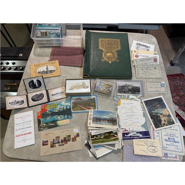 Box: Assorted Canadiana Postcards, Postcard Album, and Ephemera