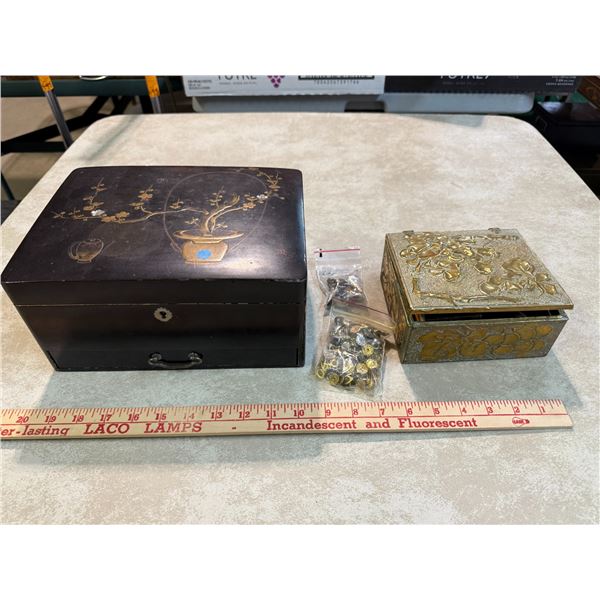 Box: Misc. Buttons and Beads in Wooden Japanese Box with Metal Inlay and Stamped Brass Jewelry Box