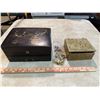 Image 1 : Box: Misc. Buttons and Beads in Wooden Japanese Box with Metal Inlay and Stamped Brass Jewelry Box
