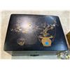 Image 2 : Box: Misc. Buttons and Beads in Wooden Japanese Box with Metal Inlay and Stamped Brass Jewelry Box