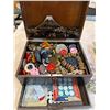 Image 4 : Box: Misc. Buttons and Beads in Wooden Japanese Box with Metal Inlay and Stamped Brass Jewelry Box