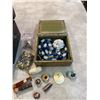 Image 5 : Box: Misc. Buttons and Beads in Wooden Japanese Box with Metal Inlay and Stamped Brass Jewelry Box