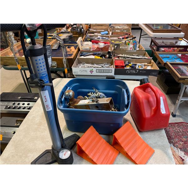 Tote Containing Tow Hitch, Chains, Master Padlocks, Wheel Chocks, 5L Jerry Can, and New Bike Pump wi