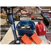 Image 1 : Tote Containing Tow Hitch, Chains, Master Padlocks, Wheel Chocks, 5L Jerry Can, and New Bike Pump wi
