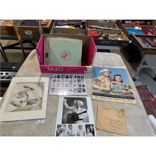 Box: Misc. Vintage Records and Autographed Black & White Photos of Wilf Carter, Str Weekly magazine 
