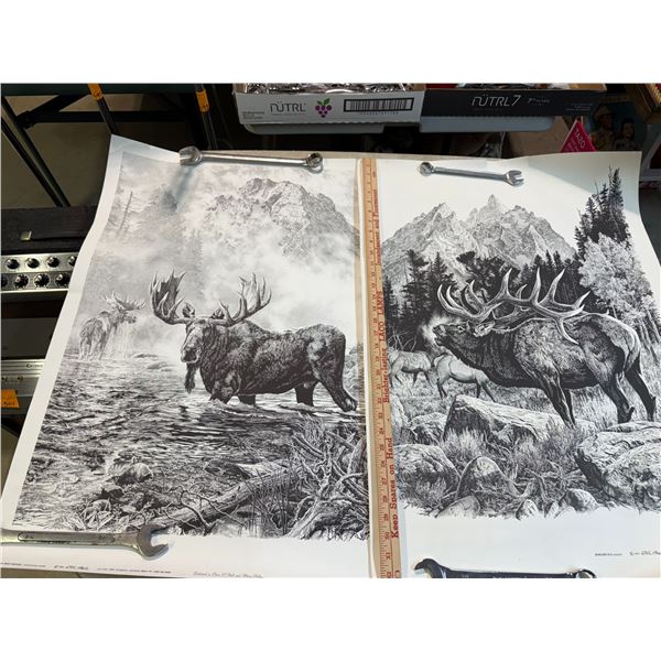 Five Black and White Drawings - Kettle Valley Railway and Bugling Elk, Morning Mist Moose