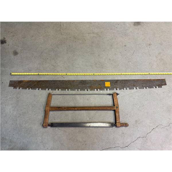 Pair of Antique Saws: Two-Man Cross Saw and Wooden Bow Saw