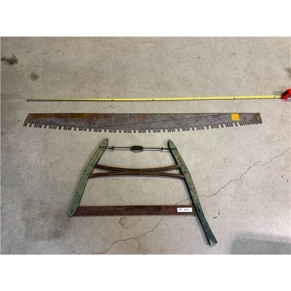 Pair of Antique Saws: Two-Man Cross Saw and Wooden Bow Saw