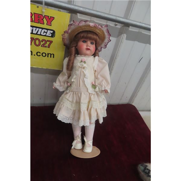 Old German Doll with Straw Hat, 18" Tall
