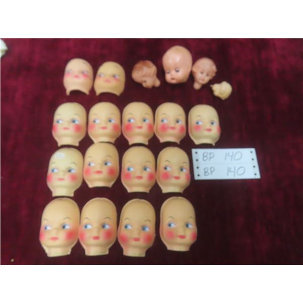 Vintage New Old Stock Doll Faces - 14 Celluloid, 2 Rubber, and 4 Doll Heads w/ Eyes
