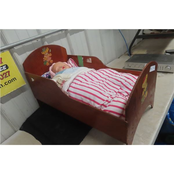 Vintage Doan Co. Baby Doll with Sleep Eyes in Wooden Cradle with Bedding