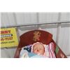 Image 3 : Vintage Doan Co. Baby Doll with Sleep Eyes in Wooden Cradle with Bedding