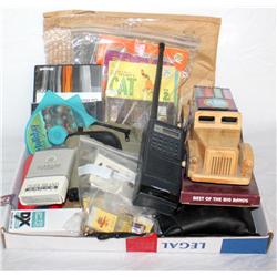 Box of  Misc. Pins, Camera, Walkie Talkie & More