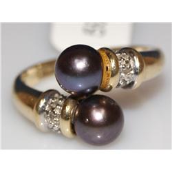 6.00mm Black Pearl & Diamonds Ladies Ring