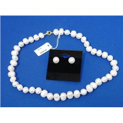 Genuine White Pearl Hand Knott Necklace & Earrings