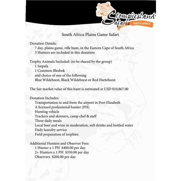 South Africa Plains Game Safari for 3 Hunters 7 days.  Includes 3 Animals for the Group